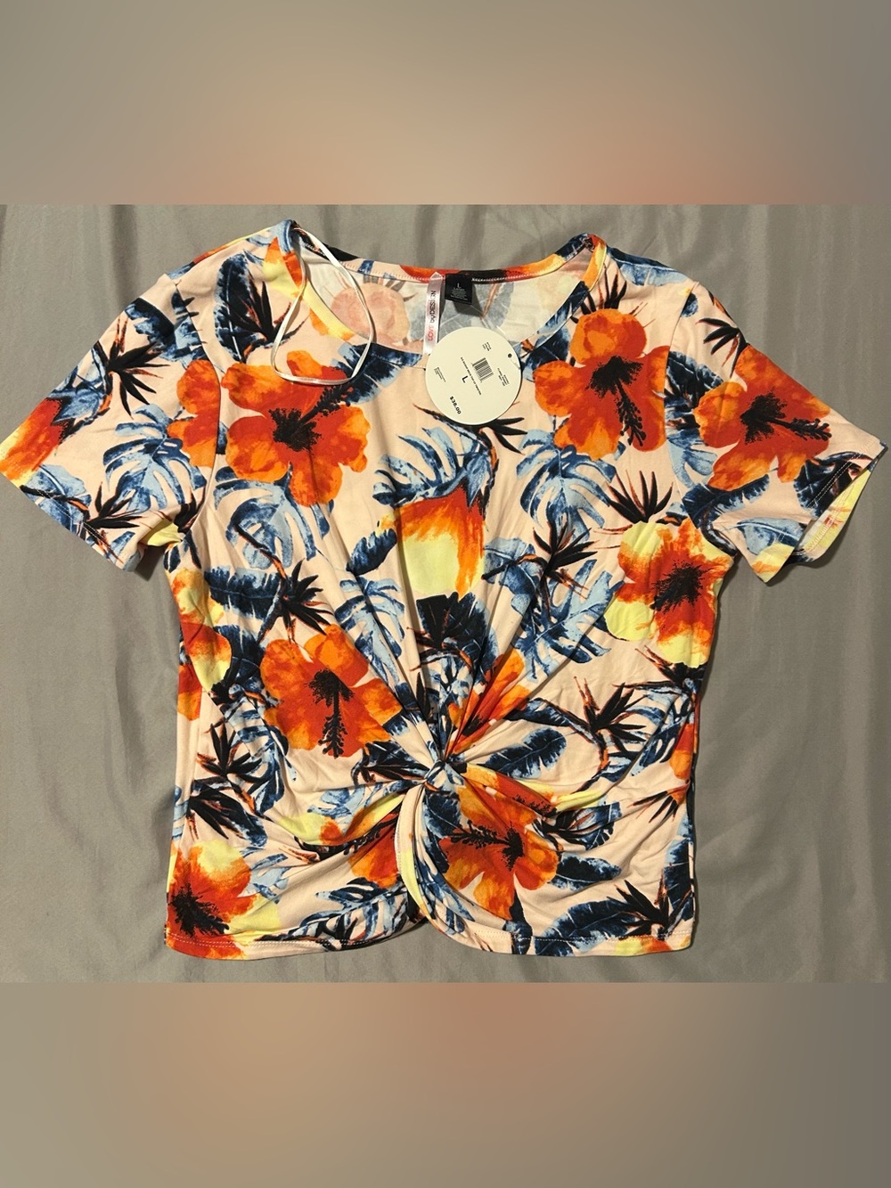 Love By Design Orange & Blue Floral Twist-Front Top- size l